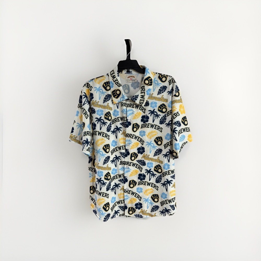 Brewers BASEBALL shirt stretch mens tropical button down Milwaukee XL EUC C11